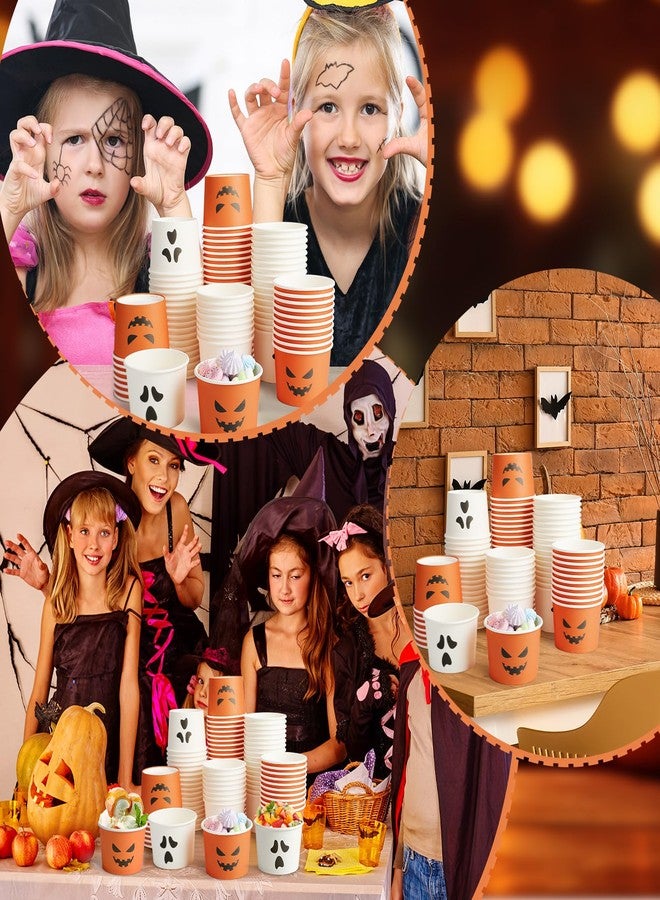 Uiifan 150 Pcs Halloween Treat Snack Cups 8 Oz Disposable Pumpkin Ghost Bowls Spooky Disposable Paper Cup White Orange Paper Cup Dessert Ice Cream Bowls Food Tasting Cups for Halloween Party Supplies - Image 5